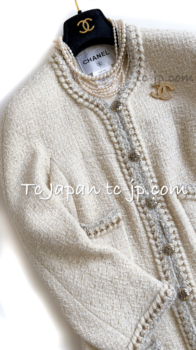 CHANEL 11A Ivory Gold Chain Trim Wool Tweed Jacket Coat 36 38 40 42 シャネル アイボリー ゴールド チェーン トリム ウール ツイード ジャケット コート 即発