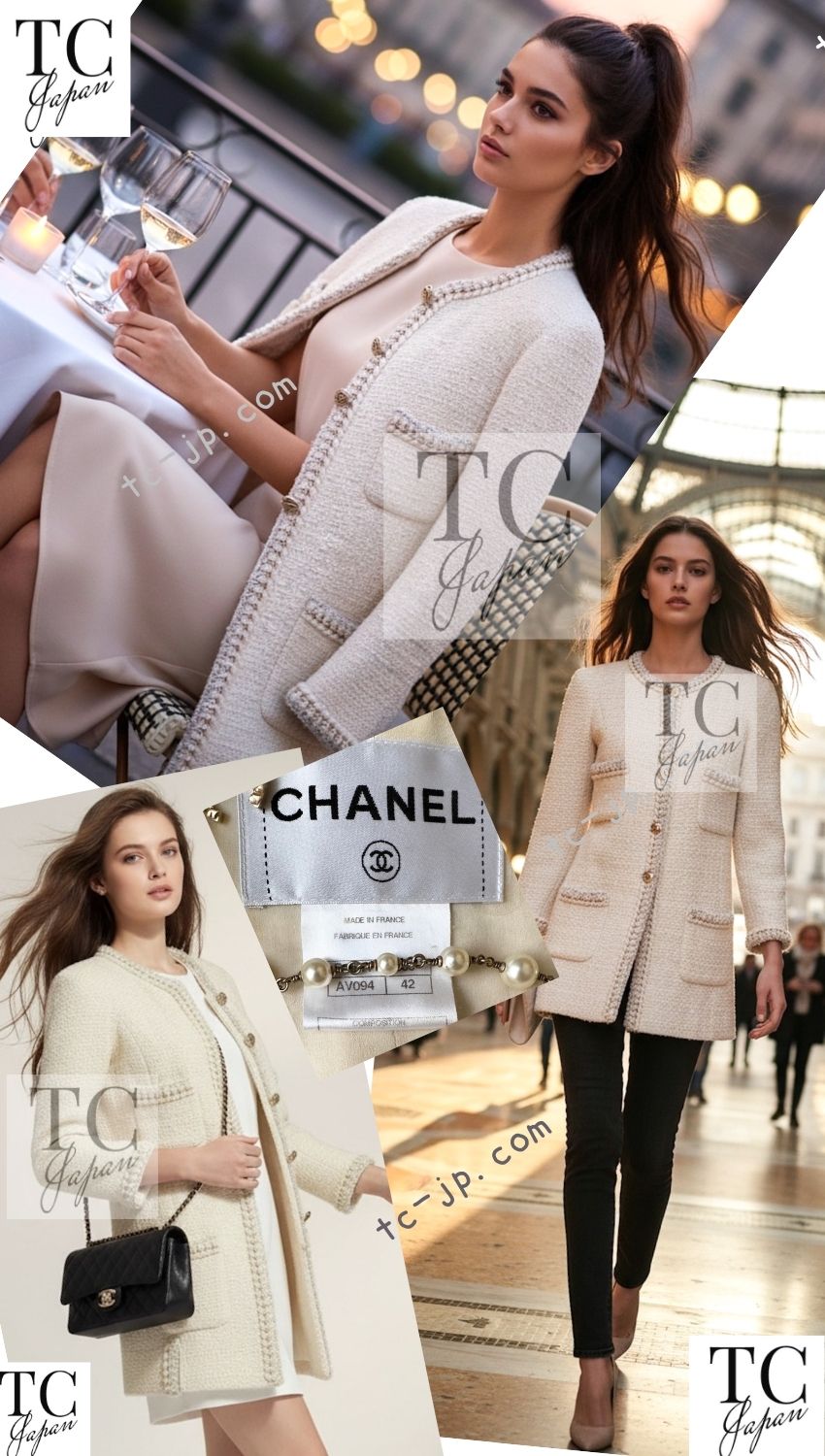 CHANEL 11A Ivory Gold Chain Trim Wool Tweed Jacket Coat 36 38 40 42 シャネル アイボリー ゴールド チェーン トリム ウール ツイード ジャケット コート 即発