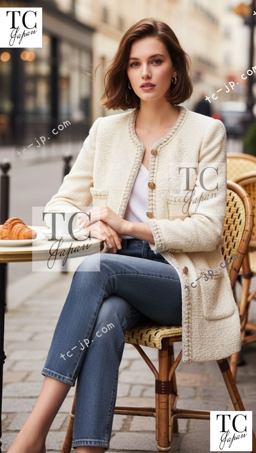 CHANEL 11A Ivory Gold Chain Trim Wool Tweed Jacket Coat 36 38 40 42 シャネル アイボリー ゴールド チェーン トリム ウール ツイード ジャケット コート 即発