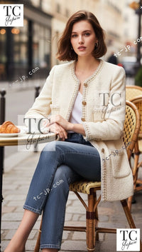 CHANEL Dress 11A Ivory Gold Chain Trim Wool Tweed 38 シャネル ワンピース アイボリー ゴールド チェーン トリム ウール ツイード