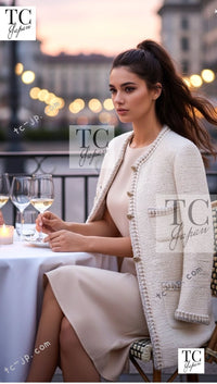 CHANEL Dress 11A Ivory Gold Chain Trim Wool Tweed 38