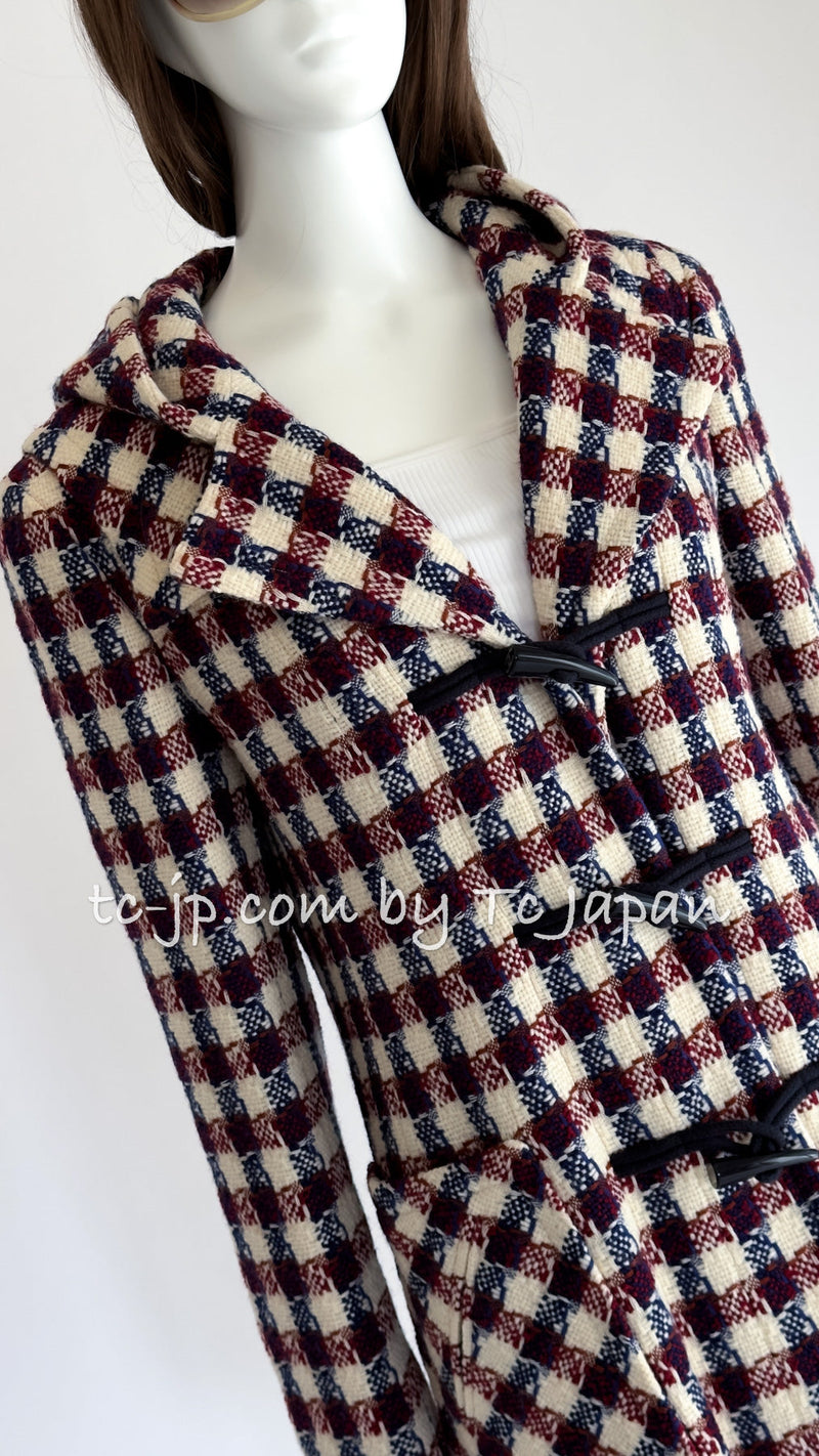 CHANEL 06A Red Blue Ivory Wool Plaid Duffle Coat 40 シャネル レッド ブルー アイボリー ウール チェック フード付 ダッフル コート 即発