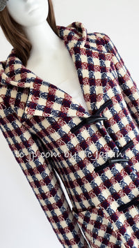 CHANEL 06A Red Blue Ivory Wool Plaid Duffle Coat 40 シャネル レッド ブルー アイボリー ウール チェック フード付 ダッフル コート 即発