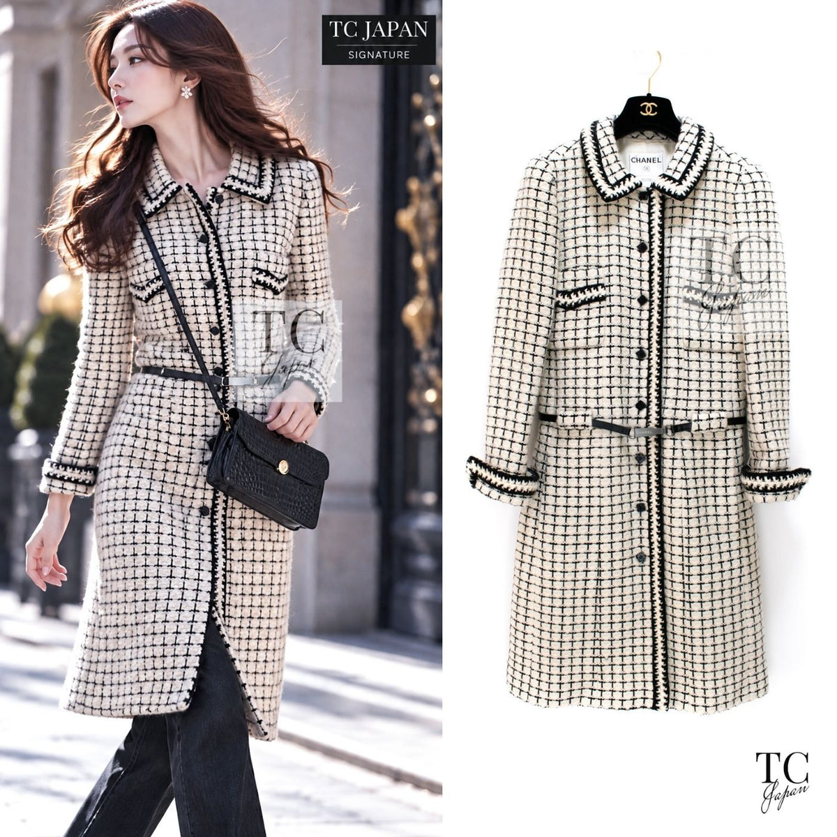 CHANEL 00A Ivory Beige Black Check Wool Alpaca Mohair Tweed Coat 38 1