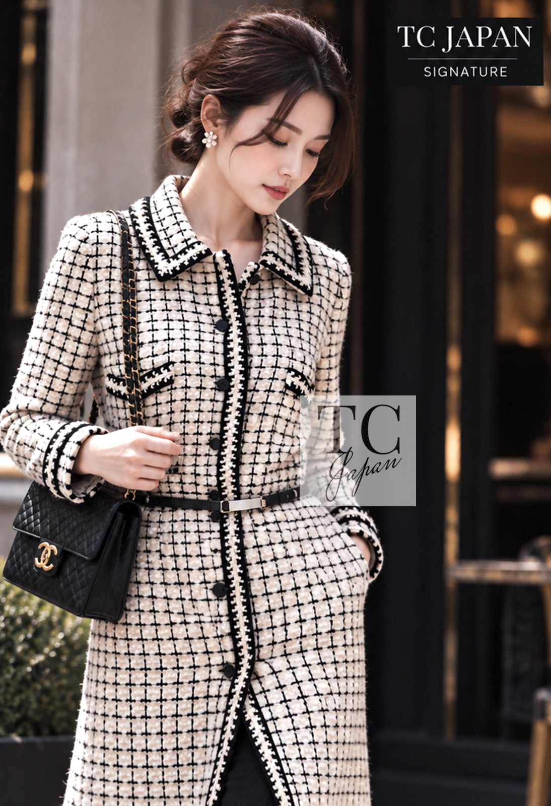 CHANEL 00A Ivory Beige Black Check Wool Alpaca Mohair Tweed Coat 38 11