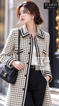 CHANEL 00A Ivory Beige Black Check Wool Alpaca Mohair Tweed Coat 38 12