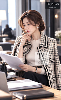 CHANEL 00A Ivory Beige Black Check Wool Alpaca Mohair Tweed Coat 38 13