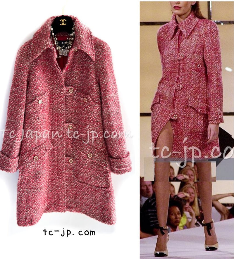 CHANEL 01A Red Wool Silk CC Buttons Tweed Coat 40 42 シャネル レッド ウール シルク CCボタン ツイード コート 即発