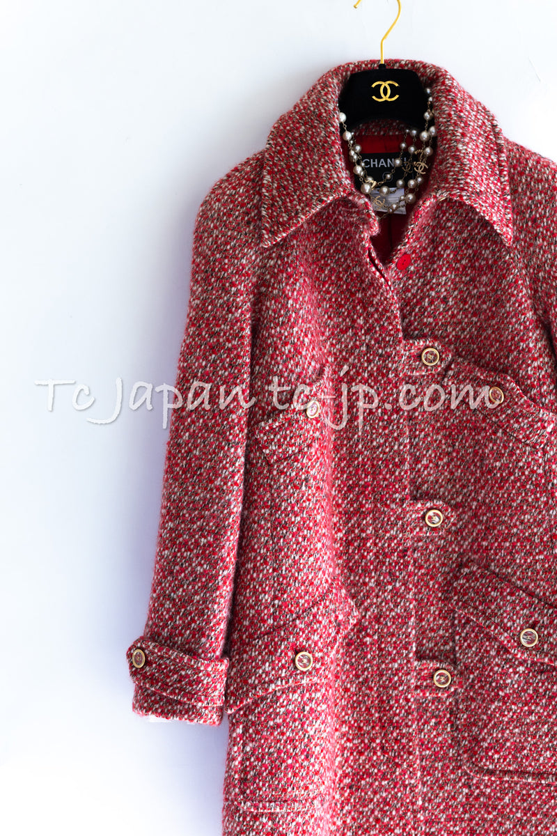 CHANEL 01A Red Wool Silk CC Buttons Tweed Coat 40 42 シャネル レッド ウール シルク CCボタン ツイード コート 即発