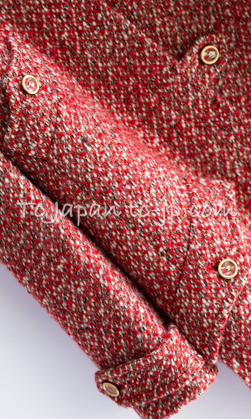 CHANEL 01A Red Wool Silk CC Buttons Tweed Coat 40 42 シャネル レッド ウール シルク CCボタン ツイード コート 即発