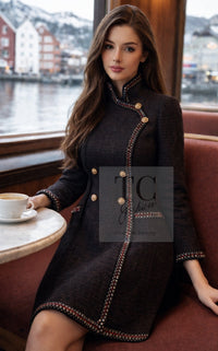 CHANEL 10PF Dark Brown Metallic Trim Wool Coat Dress 40 42 シャネル ダークブラウン メタリック トリム ウール コート ワンピース 即発