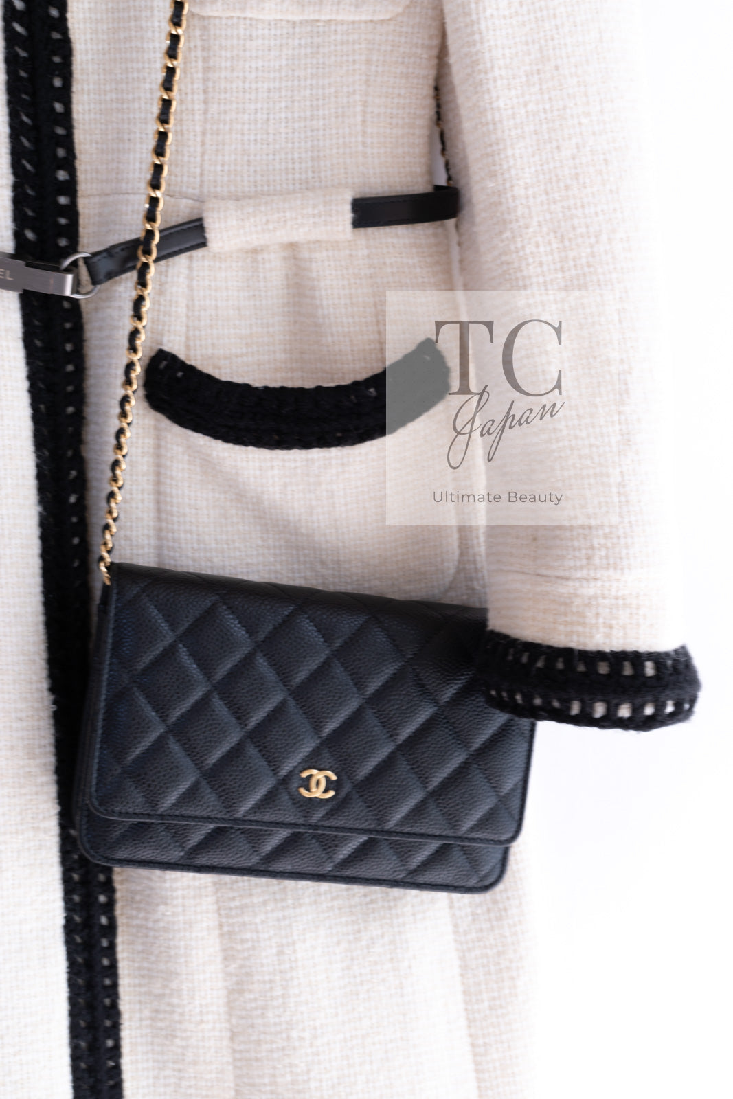 シャネル ワンピース コート CHANEL 00A アイボリー ブラック トリム ツイード ベルト付 34