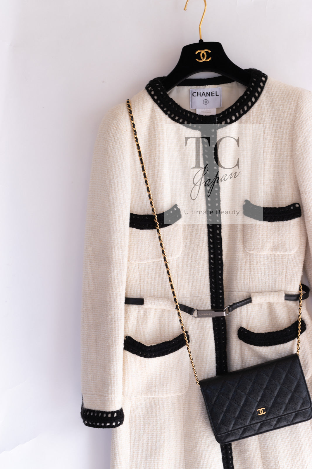 シャネル ワンピース コート CHANEL 00A アイボリー ブラック トリム ツイード ベルト付 34