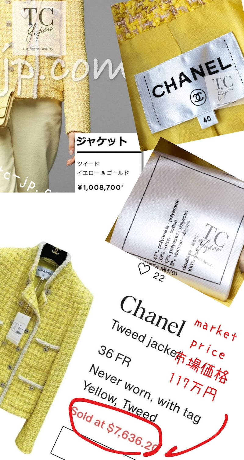 CHANEL 20S Yellow Stand Collar Braid Chain Trim Tweed Double Jacket 40 42 シャネル イエロー スタンド襟 ブレイド チェーン トリム ツイード ダブル ジャケット 即発