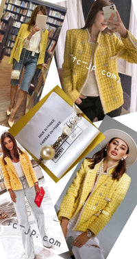 CHANEL 20S Yellow Stand Collar Braid Chain Trim Tweed Double Jacket 40 42 シャネル イエロー スタンド襟 ブレイド チェーン トリム ツイード ダブル ジャケット 即発