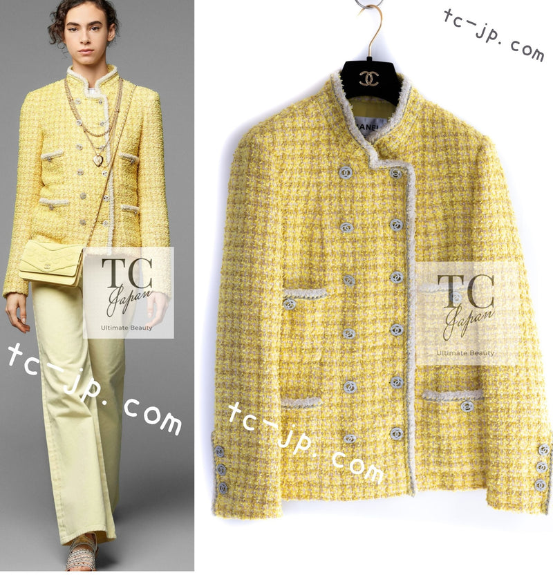 CHANEL 20S Yellow Stand Collar Braid Chain Trim Tweed Double Jacket 40 42 シャネル イエロー スタンド襟 ブレイド チェーン トリム ツイード ダブル ジャケット 即発