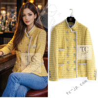 CHANEL 20S Yellow Stand Collar Braid Chain Trim Tweed Double Jacket 38 40 42 シャネル イエロー スタンド襟 ブレイド チェーン トリム ツイード ダブル ジャケット 即発