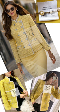 CHANEL 20S Yellow Stand Collar Braid Chain Trim Tweed Double Jacket 38 40 42 シャネル イエロー スタンド襟 ブレイド チェーン トリム ツイード ダブル ジャケット 即発