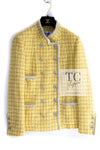 CHANEL 20S Yellow Stand Collar Braid Chain Trim Tweed Double Jacket 40 42 シャネル イエロー スタンド襟 ブレイド チェーン トリム ツイード ダブル ジャケット 即発