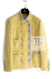 CHANEL 20S Yellow Stand Collar Braid Chain Trim Tweed Double Jacket 40 42 シャネル イエロー スタンド襟 ブレイド チェーン トリム ツイード ダブル ジャケット 即発