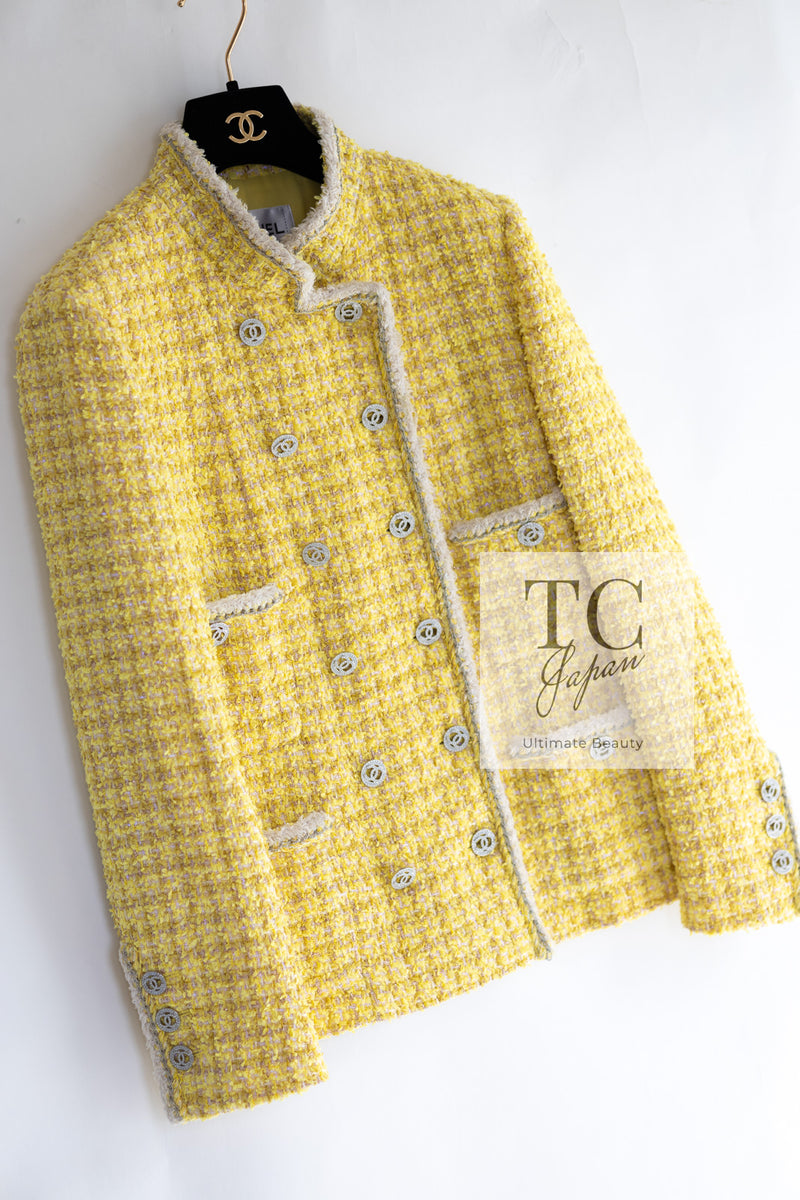 CHANEL 20S Yellow Stand Collar Braid Chain Trim Tweed Double Jacket 40 42 シャネル イエロー スタンド襟 ブレイド チェーン トリム ツイード ダブル ジャケット 即発