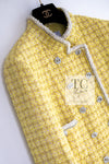 CHANEL 20S Yellow Stand Collar Braid Chain Trim Tweed Double Jacket 40 42 シャネル イエロー スタンド襟 ブレイド チェーン トリム ツイード ダブル ジャケット 即発