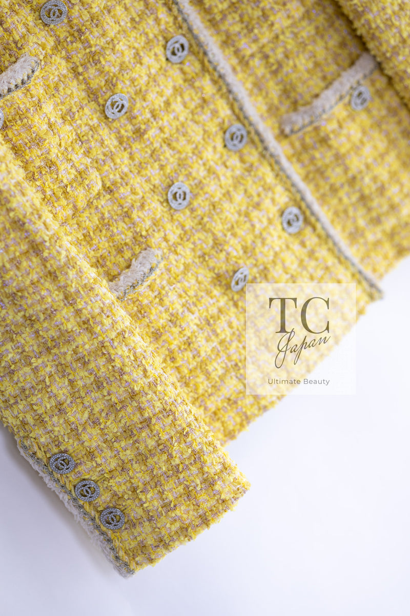 CHANEL 20S Yellow Stand Collar Braid Chain Trim Tweed Double Jacket 40 42 シャネル イエロー スタンド襟 ブレイド チェーン トリム ツイード ダブル ジャケット 即発