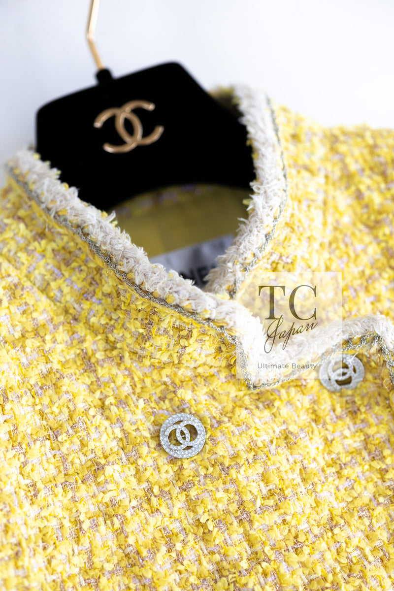 CHANEL 20S Yellow Stand Collar Braid Chain Trim Tweed Double Jacket 40 42 シャネル イエロー スタンド襟 ブレイド チェーン トリム ツイード ダブル ジャケット 即発