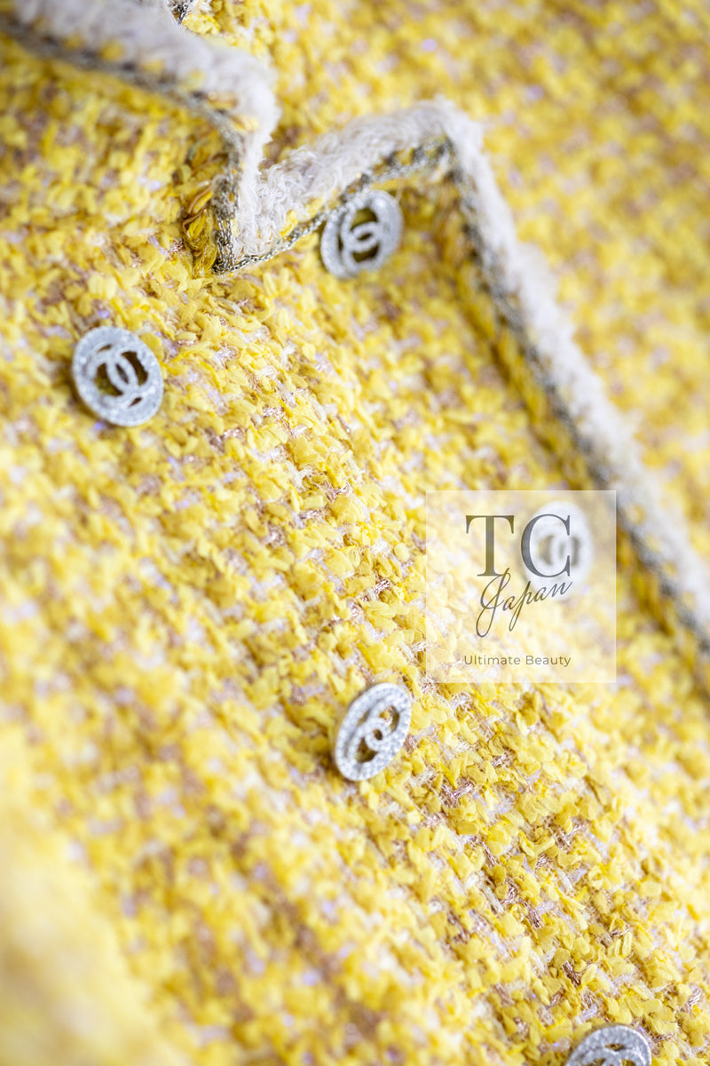 CHANEL 20S Yellow Stand Collar Braid Chain Trim Tweed Double Jacket 40 42 シャネル イエロー スタンド襟 ブレイド チェーン トリム ツイード ダブル ジャケット 即発