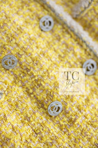 CHANEL 20S Yellow Stand Collar Braid Chain Trim Tweed Double Jacket 40 42 シャネル イエロー スタンド襟 ブレイド チェーン トリム ツイード ダブル ジャケット 即発