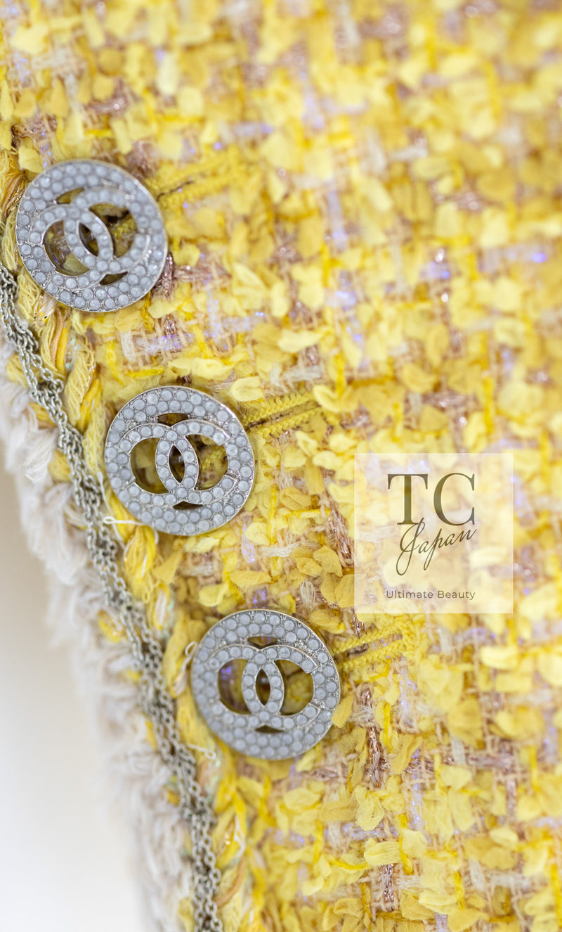 CHANEL 20S Yellow Stand Collar Braid Chain Trim Tweed Double Jacket 40 42 シャネル イエロー スタンド襟 ブレイド チェーン トリム ツイード ダブル ジャケット 即発