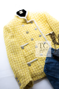 CHANEL 20S Yellow Stand Collar Braid Chain Trim Tweed Double Jacket 40 42 シャネル イエロー スタンド襟 ブレイド チェーン トリム ツイード ダブル ジャケット 即発