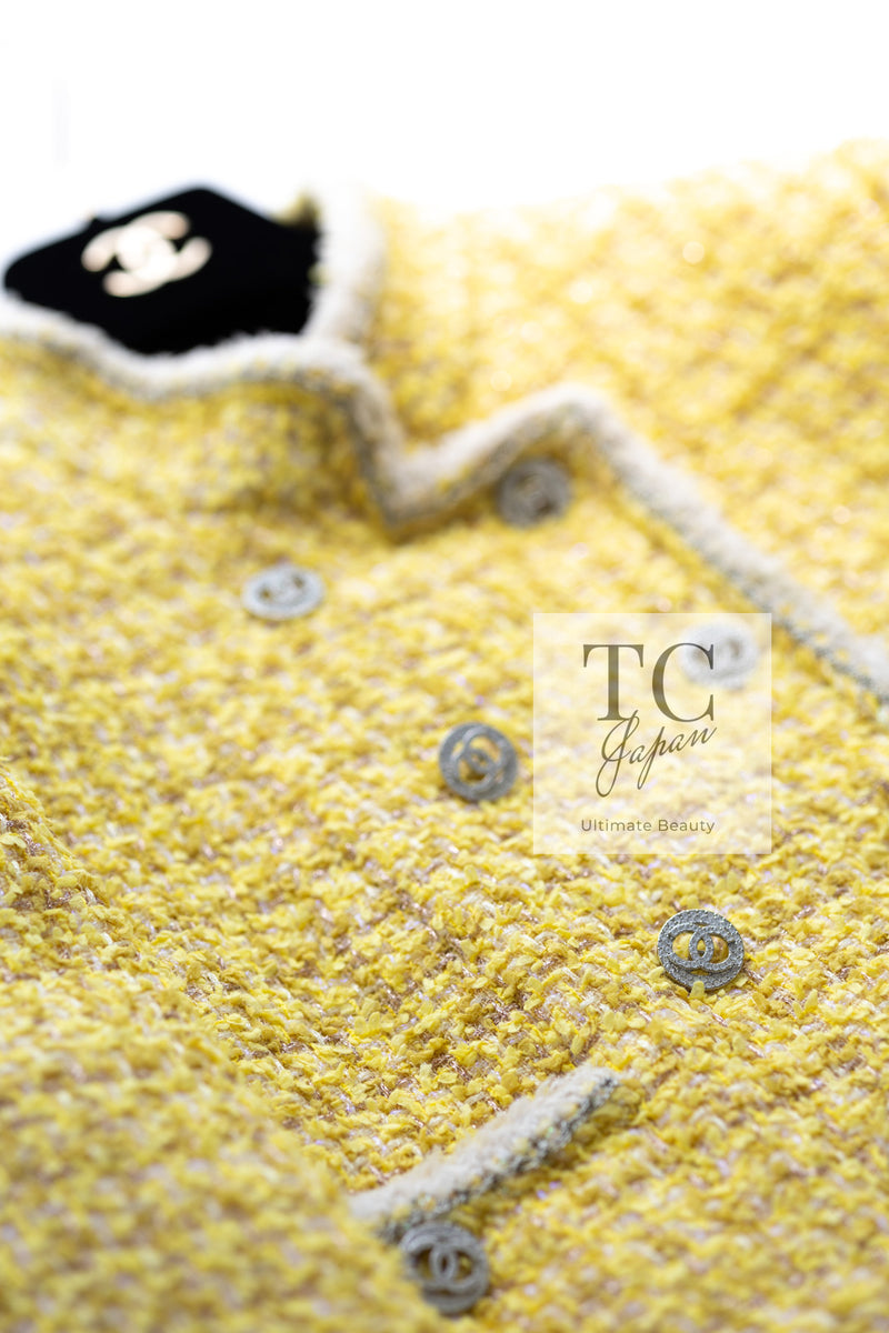 CHANEL 20S Yellow Stand Collar Braid Chain Trim Tweed Double Jacket 40 42 シャネル イエロー スタンド襟 ブレイド チェーン トリム ツイード ダブル ジャケット 即発