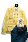 CHANEL 20S Yellow Stand Collar Braid Chain Trim Tweed Double Jacket 40 42 シャネル イエロー スタンド襟 ブレイド チェーン トリム ツイード ダブル ジャケット 即発