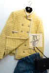 CHANEL 20S Yellow Stand Collar Braid Chain Trim Tweed Double Jacket 40 42 シャネル イエロー スタンド襟 ブレイド チェーン トリム ツイード ダブル ジャケット 即発