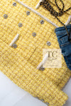 CHANEL 20S Yellow Stand Collar Braid Chain Trim Tweed Double Jacket 40 42 シャネル イエロー スタンド襟 ブレイド チェーン トリム ツイード ダブル ジャケット 即発