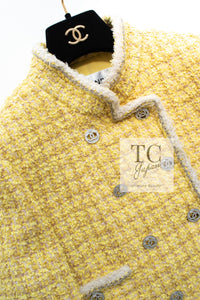 CHANEL 20S Yellow Stand Collar Braid Chain Trim Tweed Double Jacket 40 42 シャネル イエロー スタンド襟 ブレイド チェーン トリム ツイード ダブル ジャケット 即発