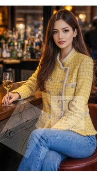 CHANEL 20S Yellow Stand Collar Braid Chain Trim Tweed Double Jacket 38 40 42 シャネル イエロー スタンド襟 ブレイド チェーン トリム ツイード ダブル ジャケット 即発