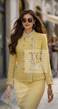 CHANEL 20S Yellow Stand Collar Braid Chain Trim Tweed Double Jacket 38 40 42 シャネル イエロー スタンド襟 ブレイド チェーン トリム ツイード ダブル ジャケット 即発