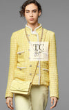 CHANEL 20S Yellow Stand Collar Braid Chain Trim Tweed Double Jacket 40 42 シャネル イエロー スタンド襟 ブレイド チェーン トリム ツイード ダブル ジャケット 即発