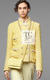 CHANEL 20S Yellow Stand Collar Braid Chain Trim Tweed Double Jacket 40 42 シャネル イエロー スタンド襟 ブレイド チェーン トリム ツイード ダブル ジャケット 即発