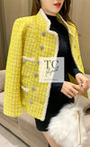 CHANEL 20S Yellow Stand Collar Braid Chain Trim Tweed Double Jacket 40 42 シャネル イエロー スタンド襟 ブレイド チェーン トリム ツイード ダブル ジャケット 即発