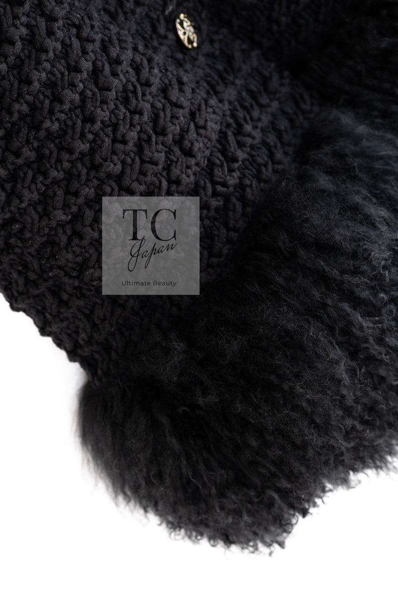 CHANEL 08A Black Tibet Lamb Fur Cashmere Long Cardigan Coat 38 40 42 シャネル ブラック チベット ラム ファー カシミア ロング カーディガン コート 即発