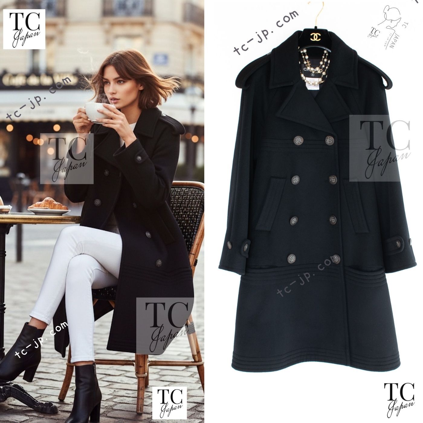 CHANEL 12A Black Double Wool Coat 38 40 42 シャネル ブラック ダブル ウール 100% コート 即発