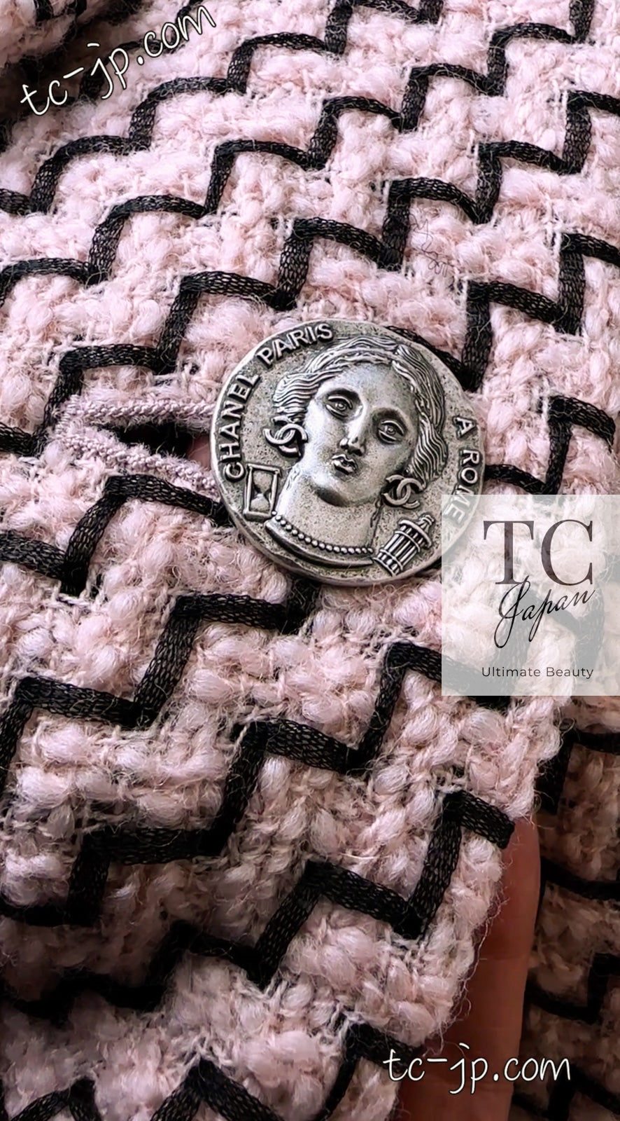 CHANEL 16PF Mauve Pink Black Ribbon Leather Cuffs Wool Tweed Coat 36 38 シャネル モーブピンク ブラック リボン レザー カフス ウール ツイード コート 即発