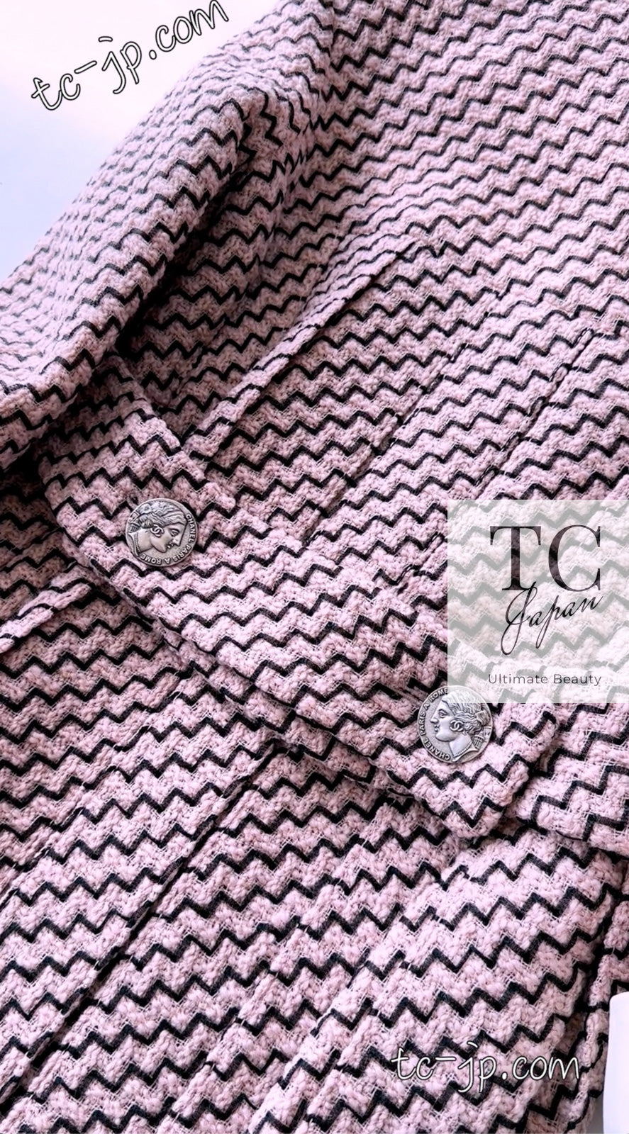 CHANEL 16PF Mauve Pink Black Ribbon Leather Cuffs Wool Tweed Coat 36 38 シャネル モーブピンク ブラック リボン レザー カフス ウール ツイード コート 即発