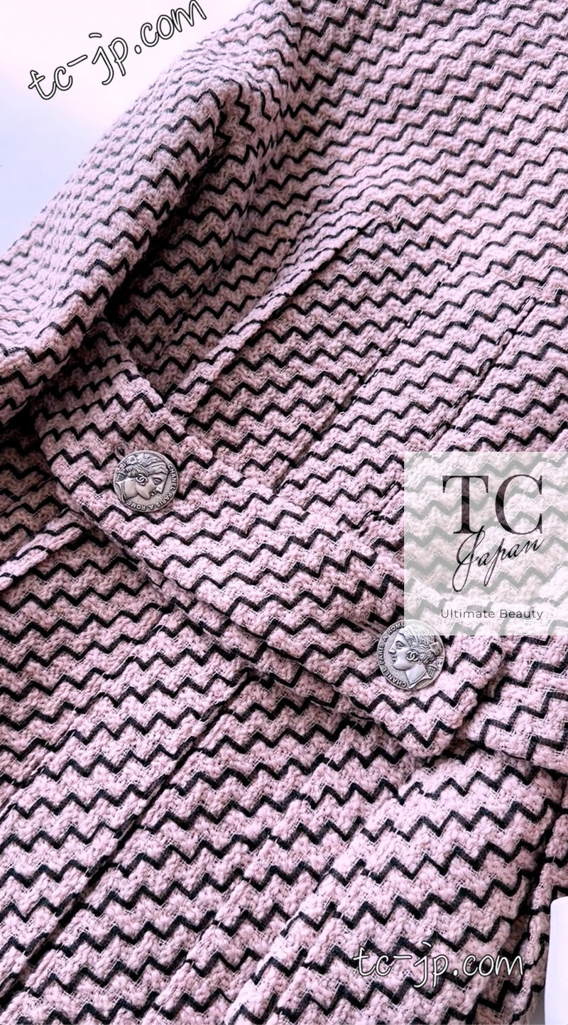 CHANEL 16PF Mauve Pink Black Ribbon Leather Cuffs Wool Tweed Coat 36 38 シャネル モーブピンク ブラック リボン レザー カフス ウール ツイード コート 即発