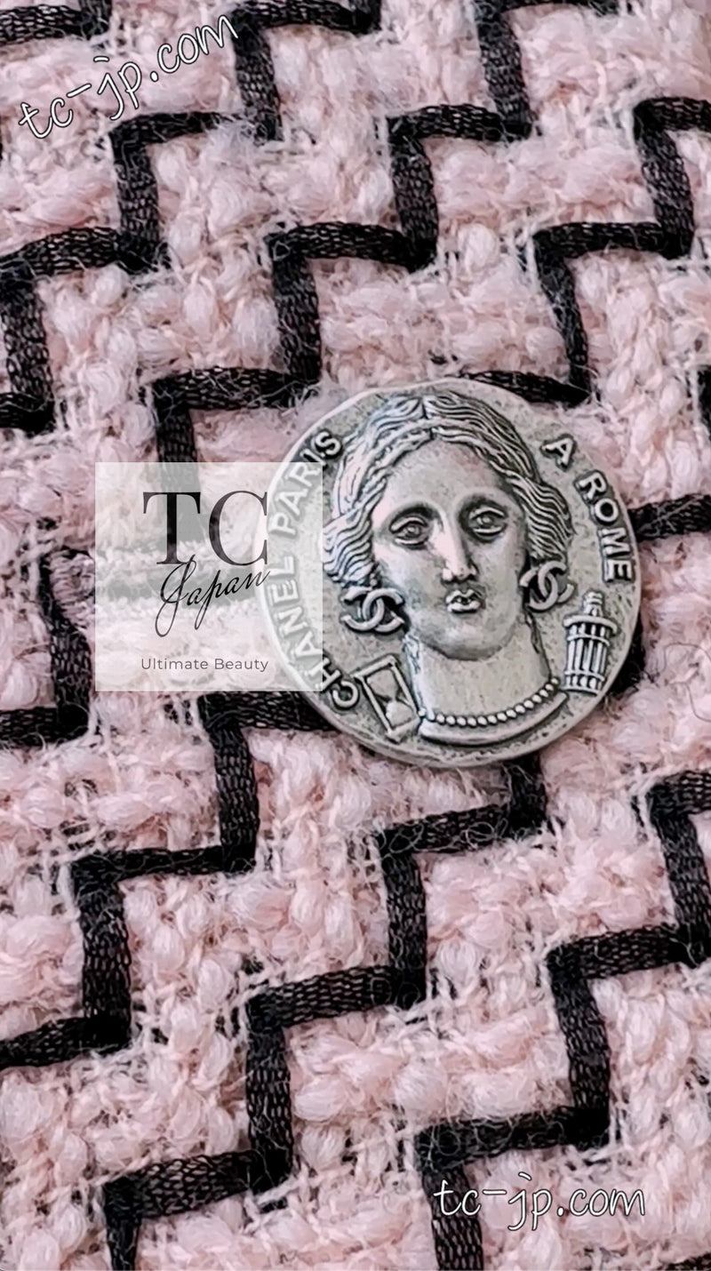 CHANEL 16PF Mauve Pink Black Ribbon Leather Cuffs Wool Tweed Coat 36 38 シャネル モーブピンク ブラック リボン レザー カフス ウール ツイード コート 即発