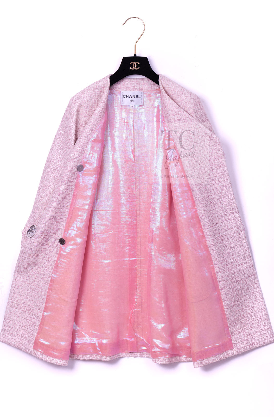 CHANEL 16S Blush Pink Collarless Tweed Jacket Coat 36 38 シャネル ピンク ノーカラー ツイード ジャケット コート 即発