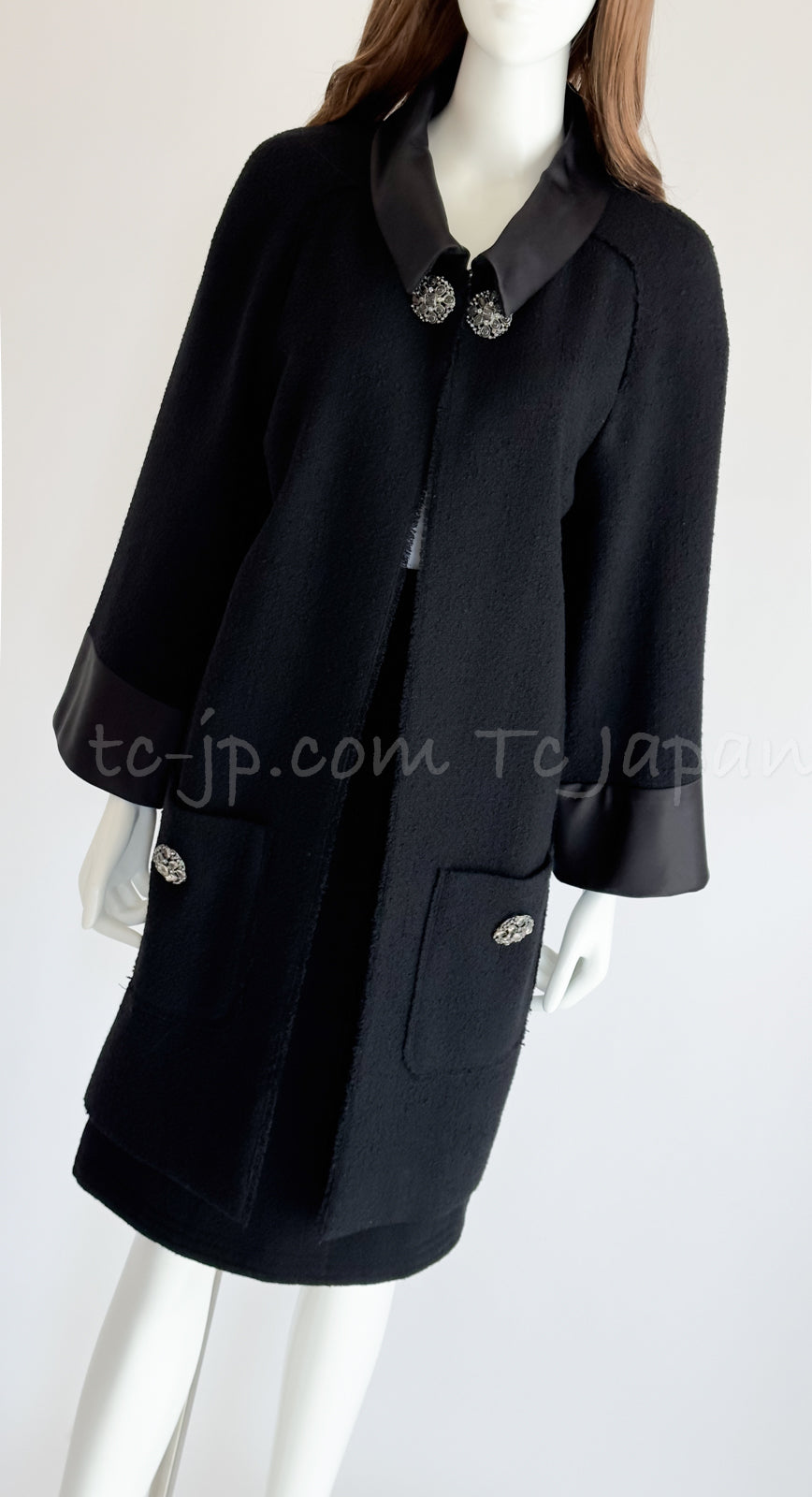 CHANEL 15B Black Gripoix Button Wool Tweed Coat 40 42 シャネル ブラック グリポワ 宝石 ボタン ウール ツイード コート 即発